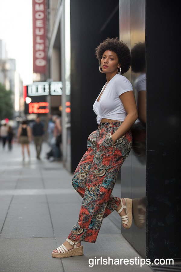 Statement Pants with a White Tee and Platform Sandals