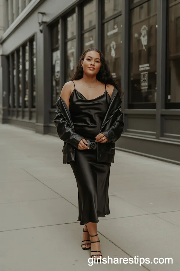 Satin Slip Dress and Leather Jacket Combo