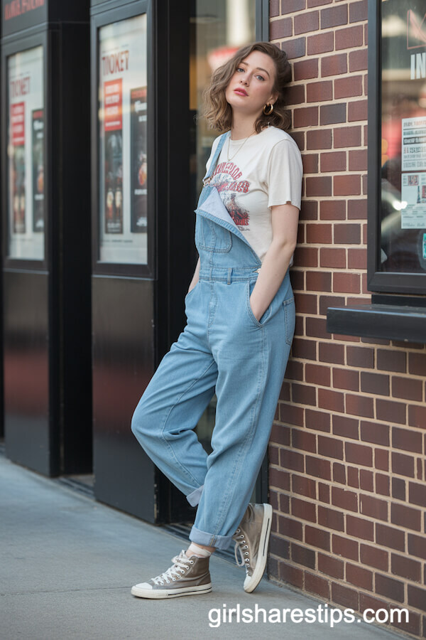 Relaxed Denim Overalls and Graphic Tee
