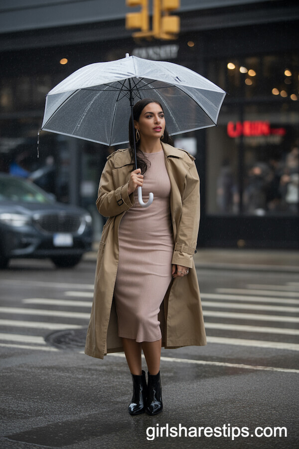 Midi Dress and Trench Coat for Rainy Movie Nights