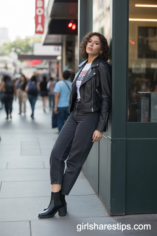 Cropped Moto Leather Jacket and Dark Jeans