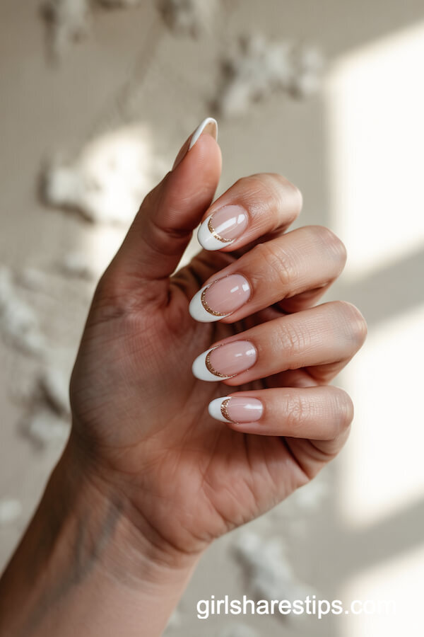 French Tips with Gold Glitter Lines