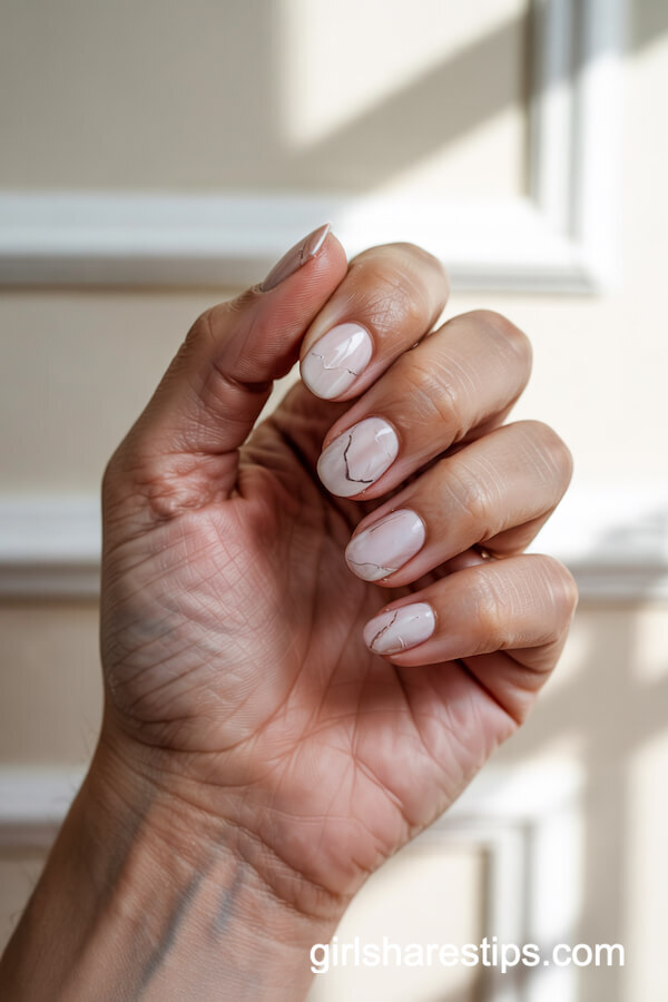 Blush Pink Marble Nails with Silver Veins
