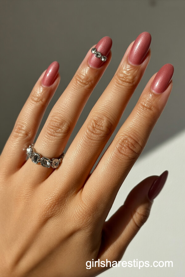 Rose Pink Nails with Crystal Rhinestones
