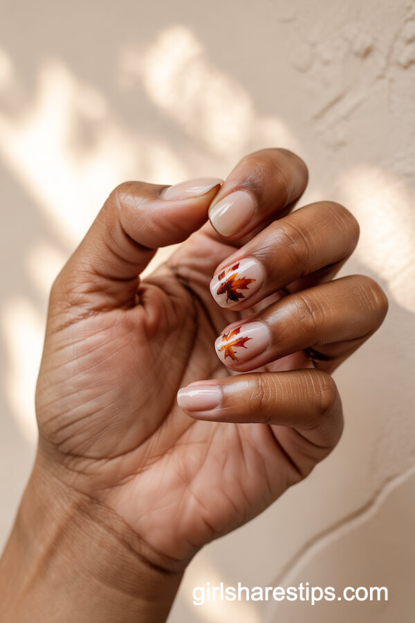 Nude Nails with Warm Maple Leaf Art
