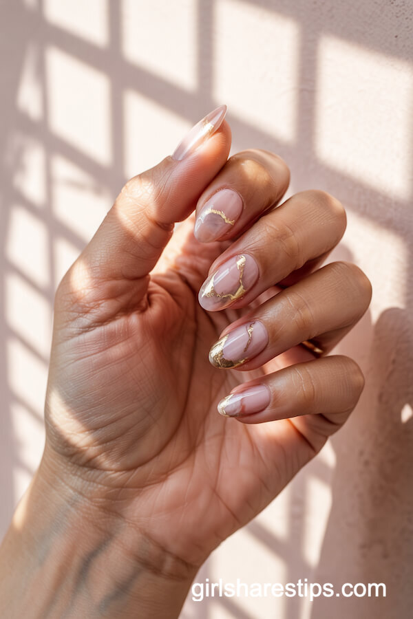 Pink Marble Almond Nails with Gold Foil