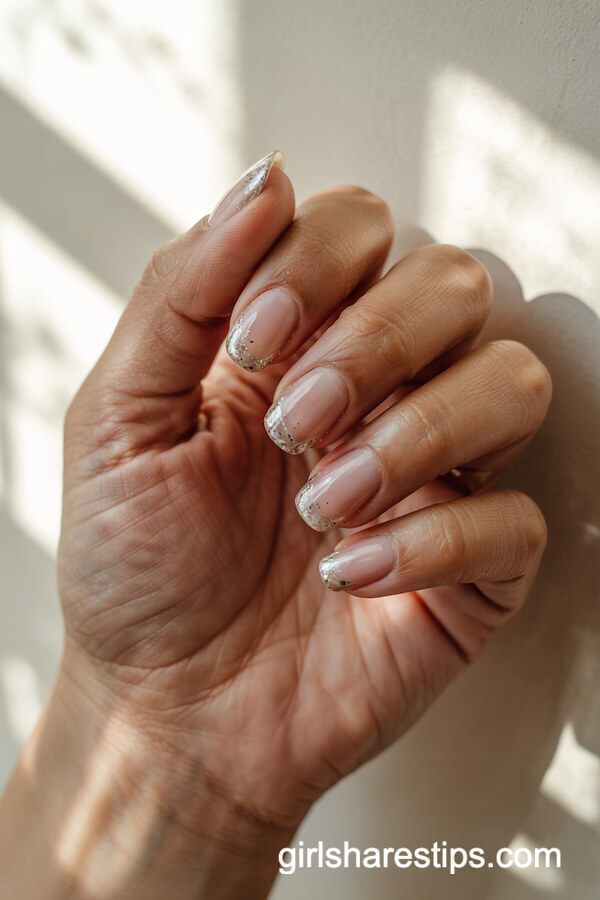 Nude and Silver Glitter Fade Squoval Nails
