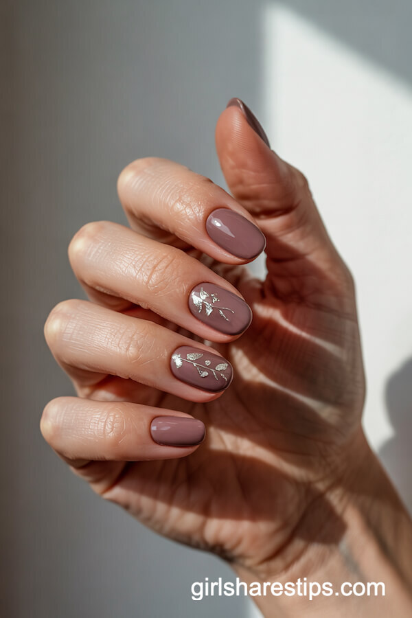 Matte Mauve Nails with Silver Leaf Accent
