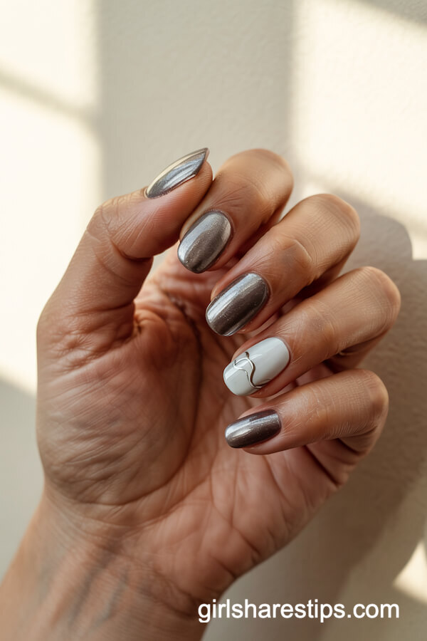 Metallic Silver-Grey Nails with Line Art Accent