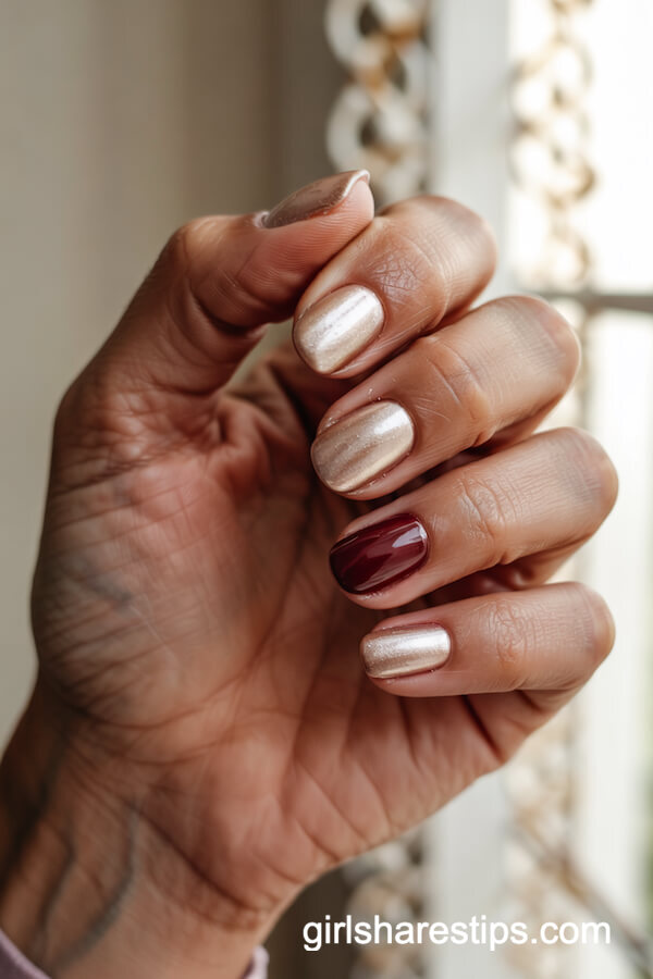 Champagne Gold Nails with Burgundy Accent