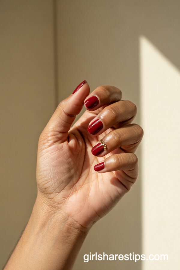 Deep Red Velvet Nails with Gold Rhinestone