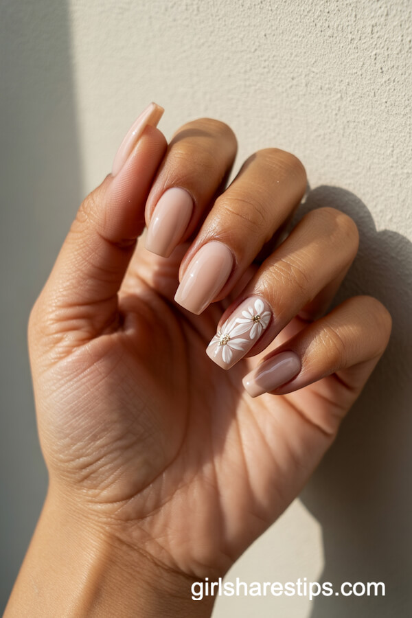 Glossy Nude Nails with White Floral Accent