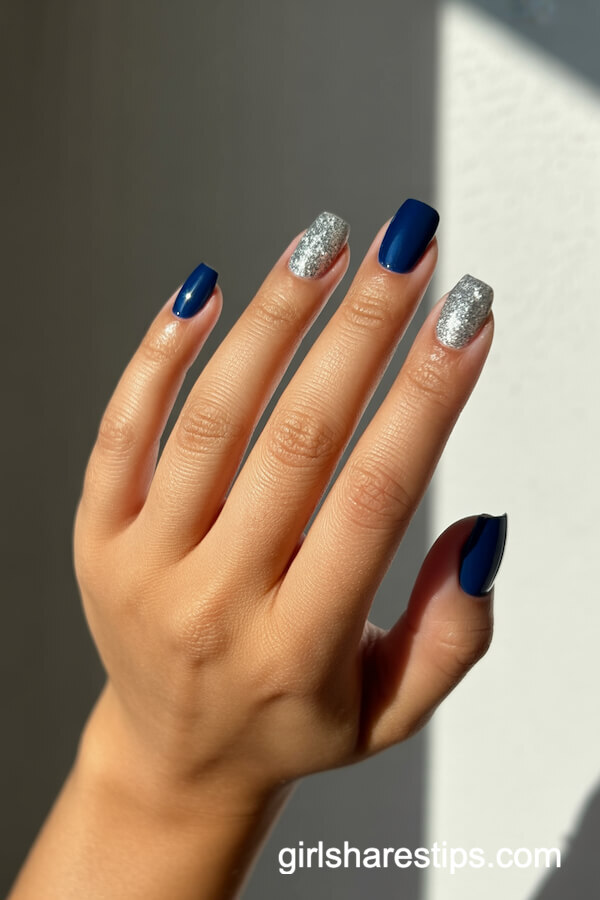 Navy Blue and Silver Glitter Nails
