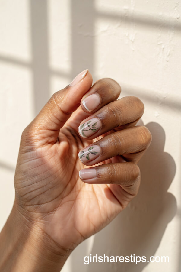 Natural Pink Nails with Green Leaf Art