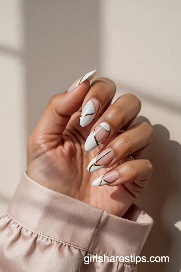 Geometric Nude, White & Gold Nail Design