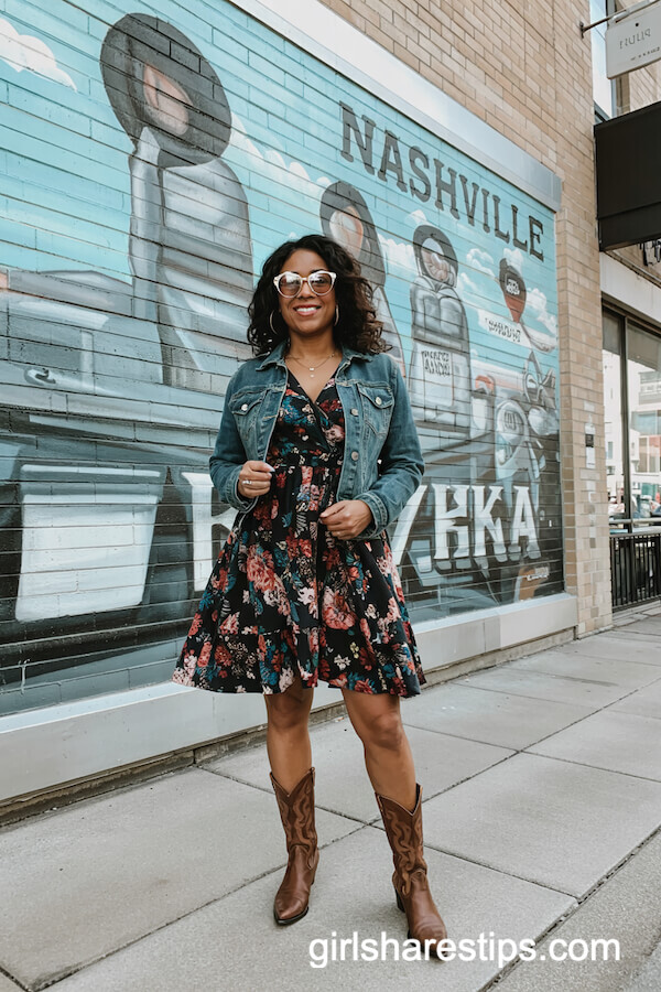 Floral Dress with Denim Jacket and Cowboy Boots