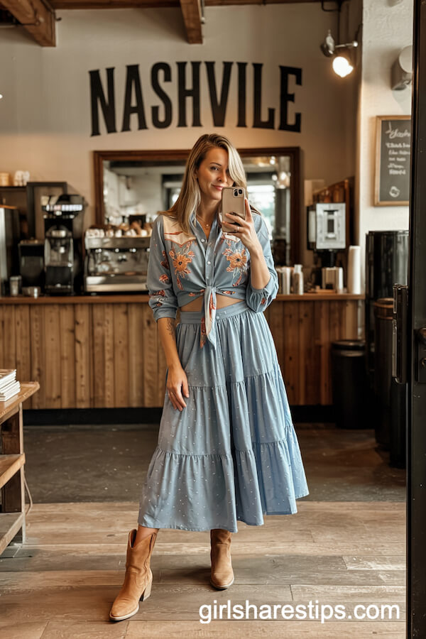 Floral Tie-Front Blouse and Midi Skirt Combo