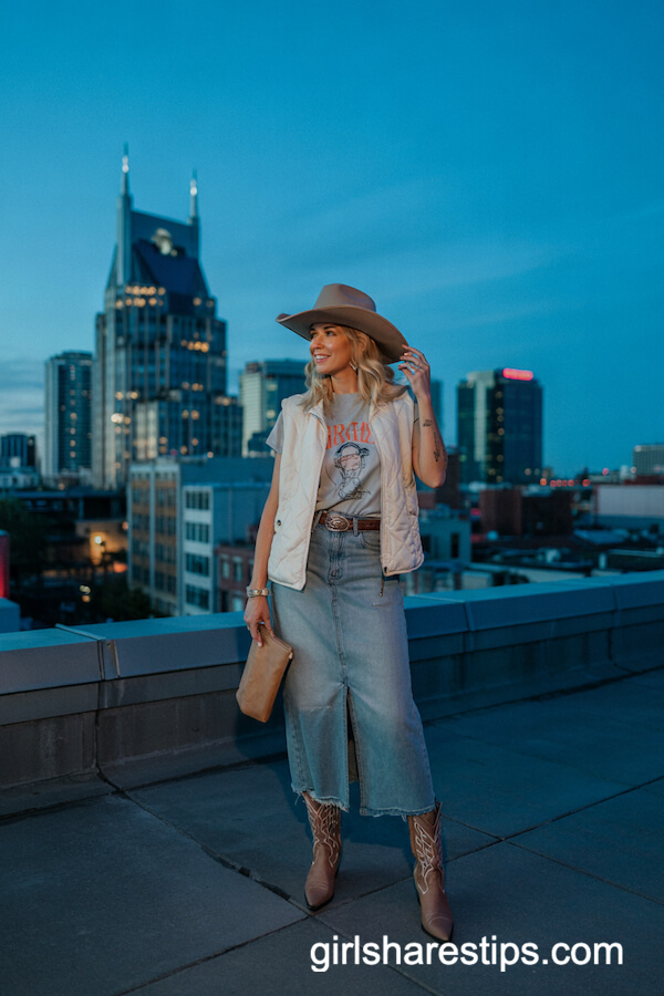 Graphic Tee and Light-Wash Denim Midi Skirt