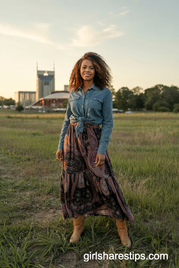 Boho Paisley Maxi Skirt and Chambray Shirt