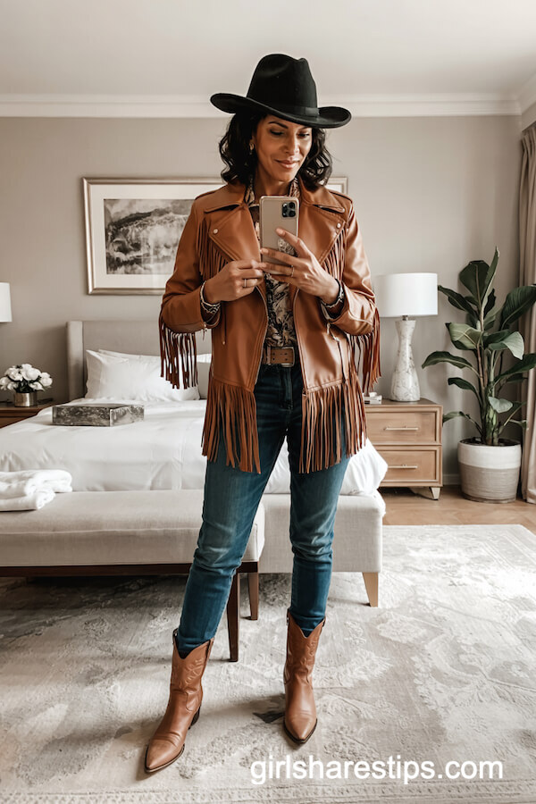 Tan Leather Fringe Jacket and Skinny Jeans