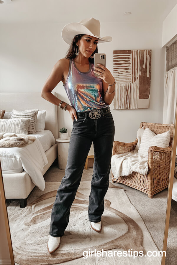 Sequin Tank Top with Bootcut Jeans Style
