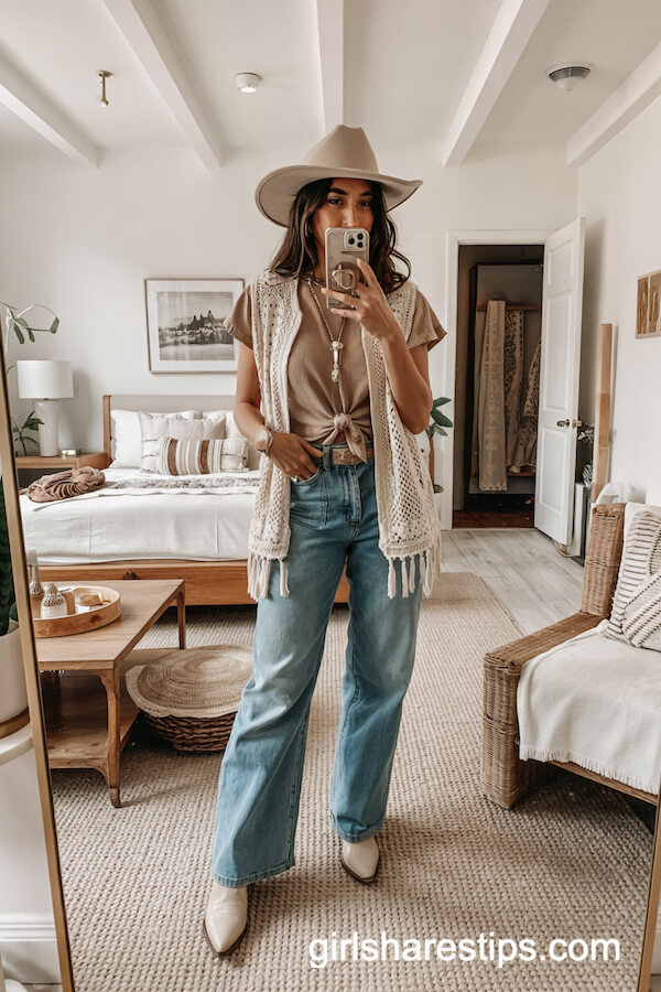 Crochet Boho Vest and Wide Jeans Outfit