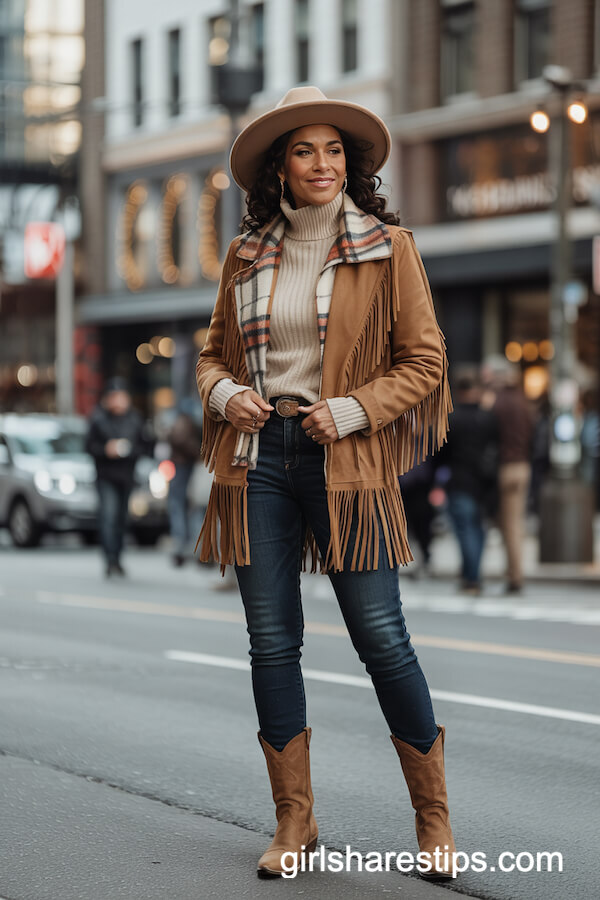 Suede Fringe Jacket and Turtleneck Winter Outfit