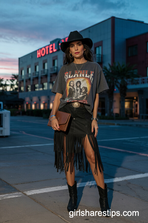 Vintage Band Tee with Fringe Skirt and Boots