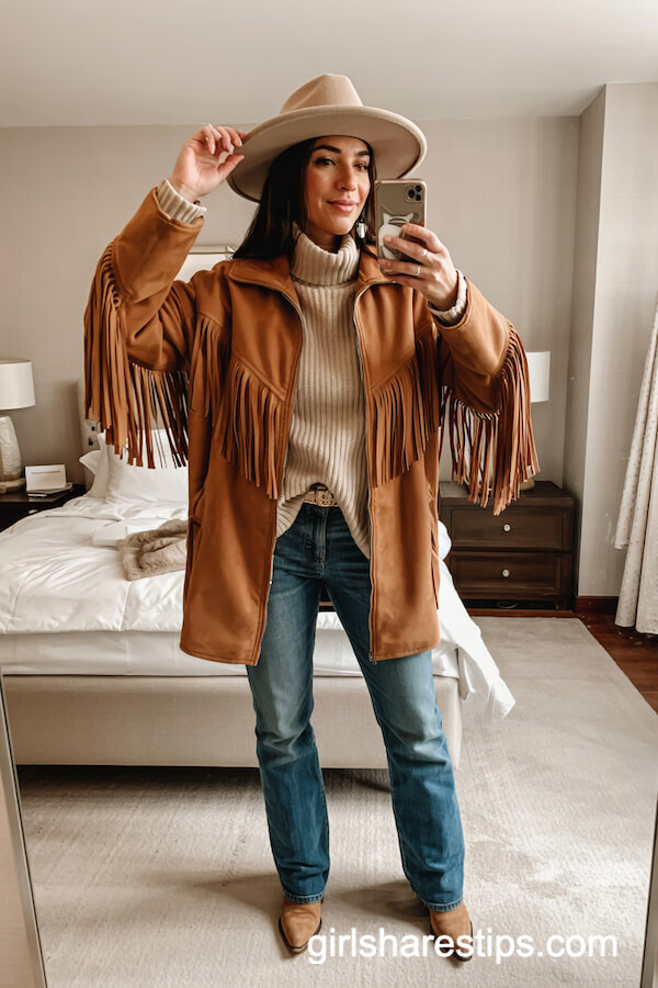 Suede Fringe Jacket and Turtleneck Sweater Combo