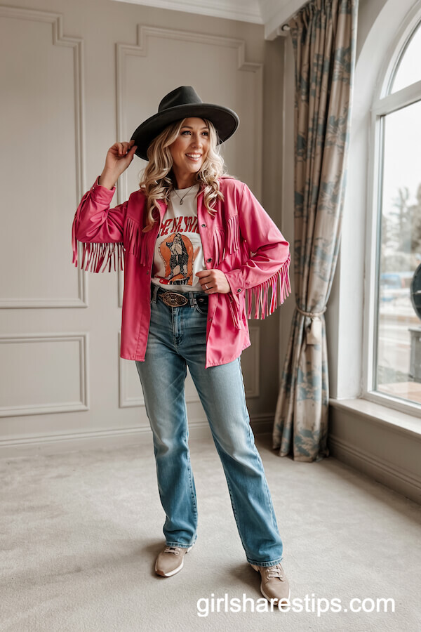 Pink Fringe Jacket with Graphic Tee and Straight-Leg Jeans