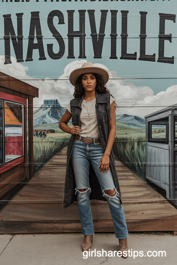 Western Vest and Skinny Jeans Cowgirl Look
