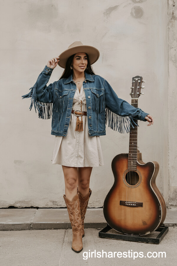 Fringe Denim Jacket over White Dress