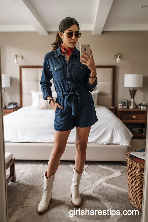 Denim Romper and Red Bandana Style