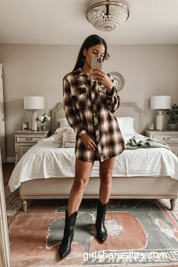 Plaid Shirt Dress with Black Western Boots