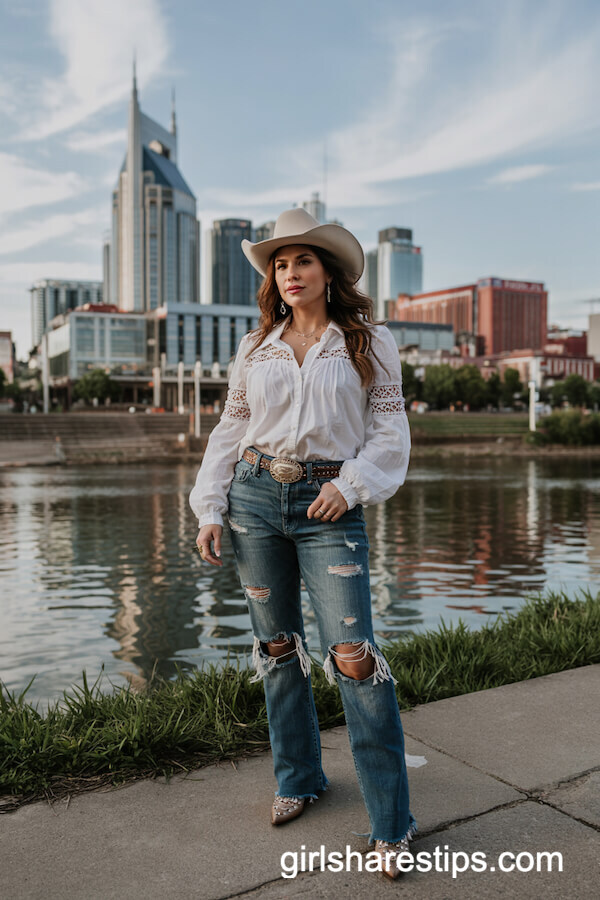 Lace Blouse with Distressed Jeans and Studded Boots