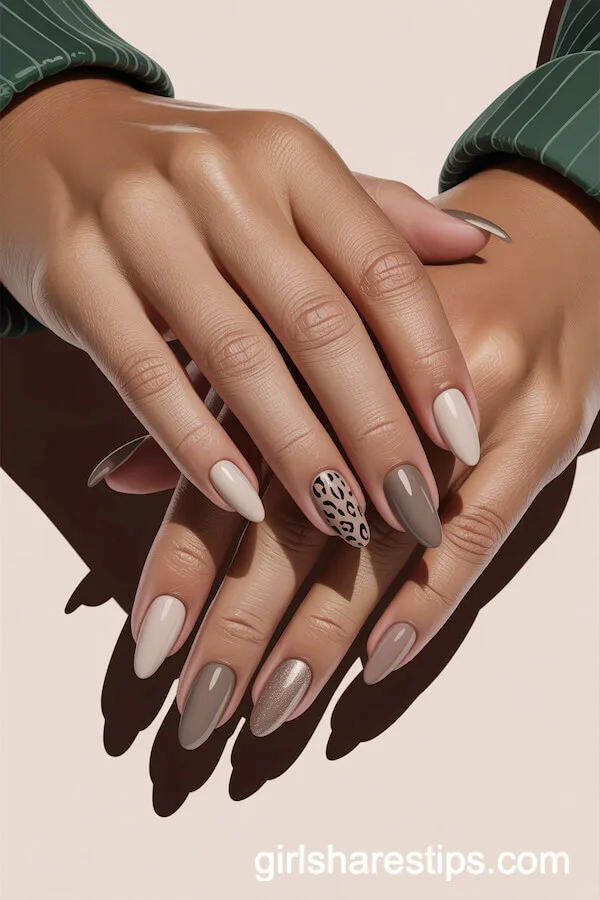 Taupe Almond Nails with Neutral Leopard Print Accent