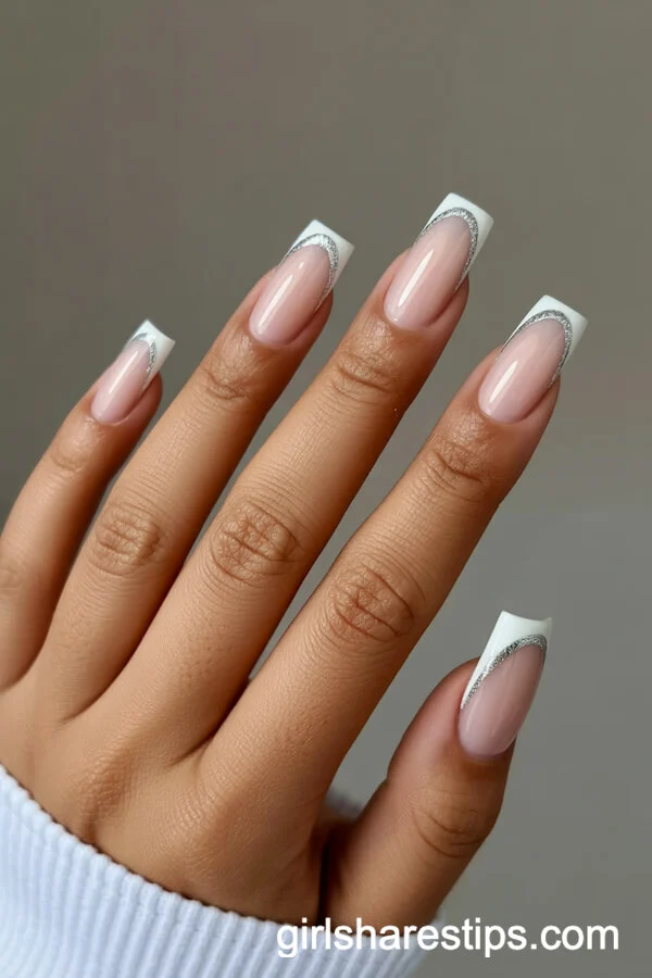 Beige Short Coffin Nails with Silver Glitter French Tips