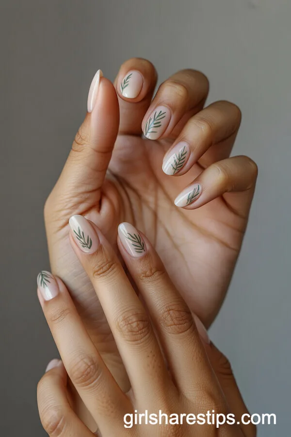 Nude Rounded Nails with Evergreen Branch Designs