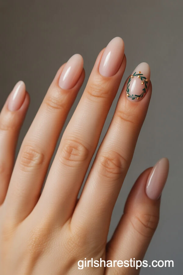 Blush Nude Oval Nails with Minimal Christmas Wreath Accent