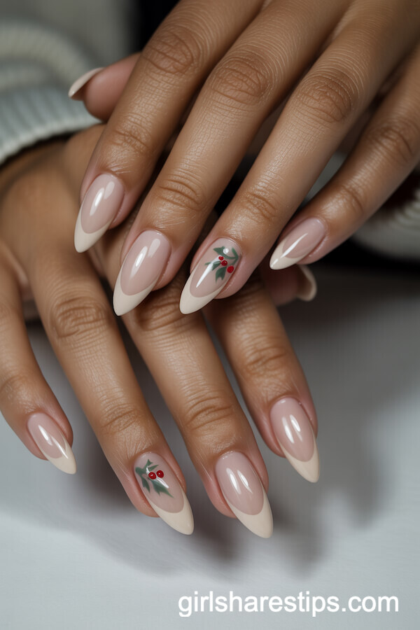 Stiletto Beige French Tips with Minimal Holly Berry Accents