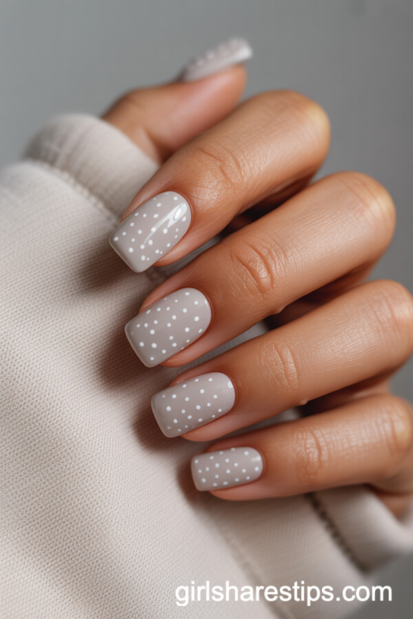 Soft Square Greige Nails with Tiny White Snow Dot Patterns