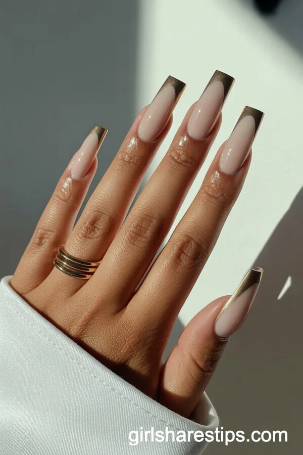 Soft Taupe Long Coffin Nails with Gold Metallic Edges