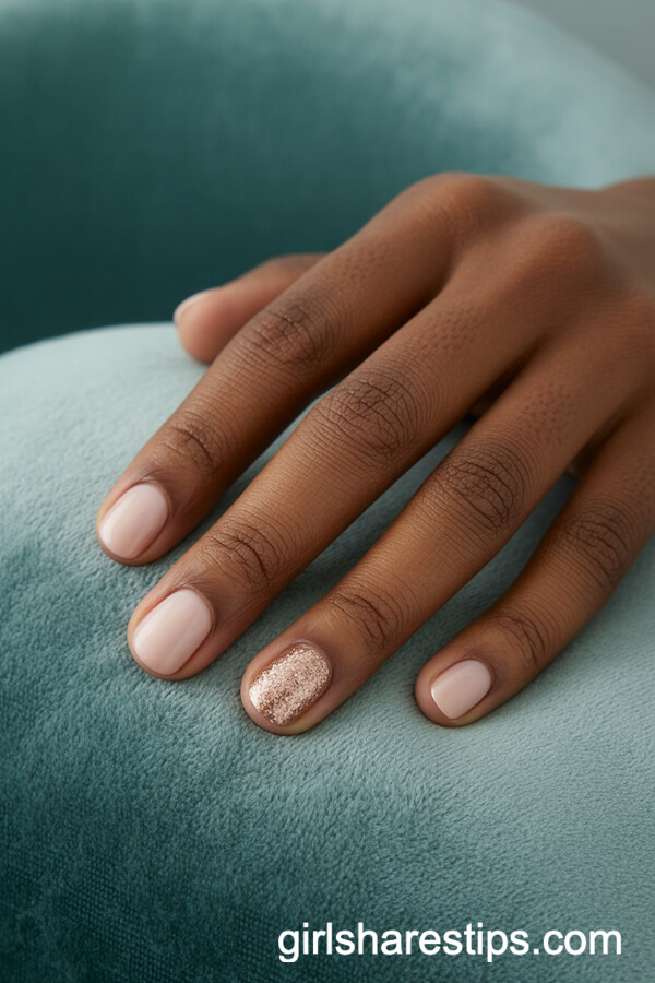 Soft Nude Short Nails with Rose Gold Glitter Accents