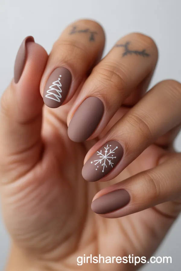 Matte Soft Brown Oval Nails with Minimalist Christmas Icons