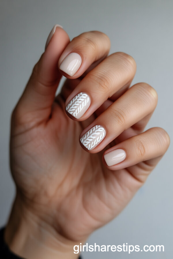 Creamy Nude Short Square Nails with Sweater-Inspired Patterns