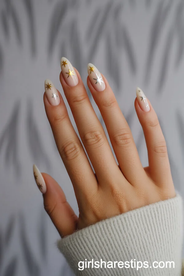 Almond Creamy Beige Nails with Gold and Silver Star Stickers