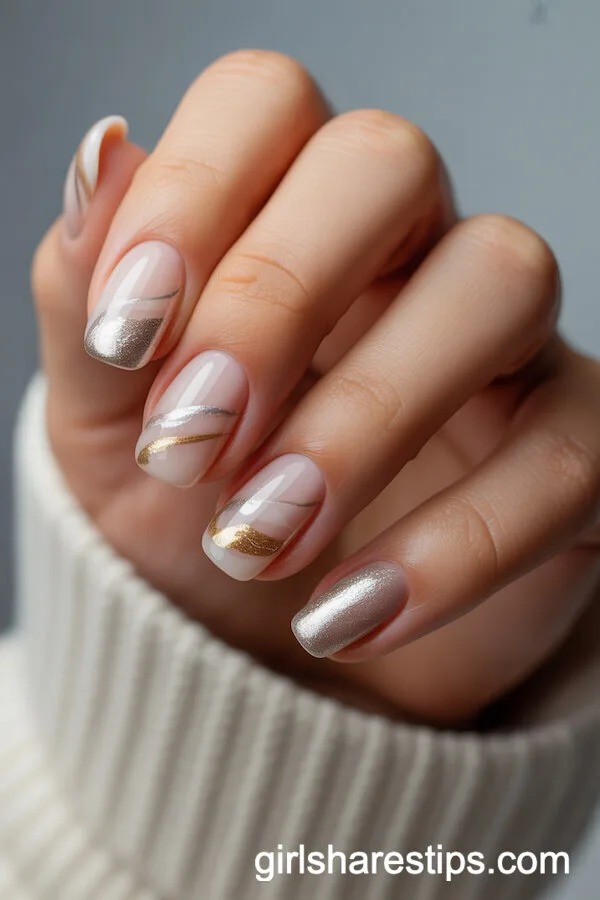 Sheer Neutral Squoval Nails with Metallic Silver and Gold Swirls