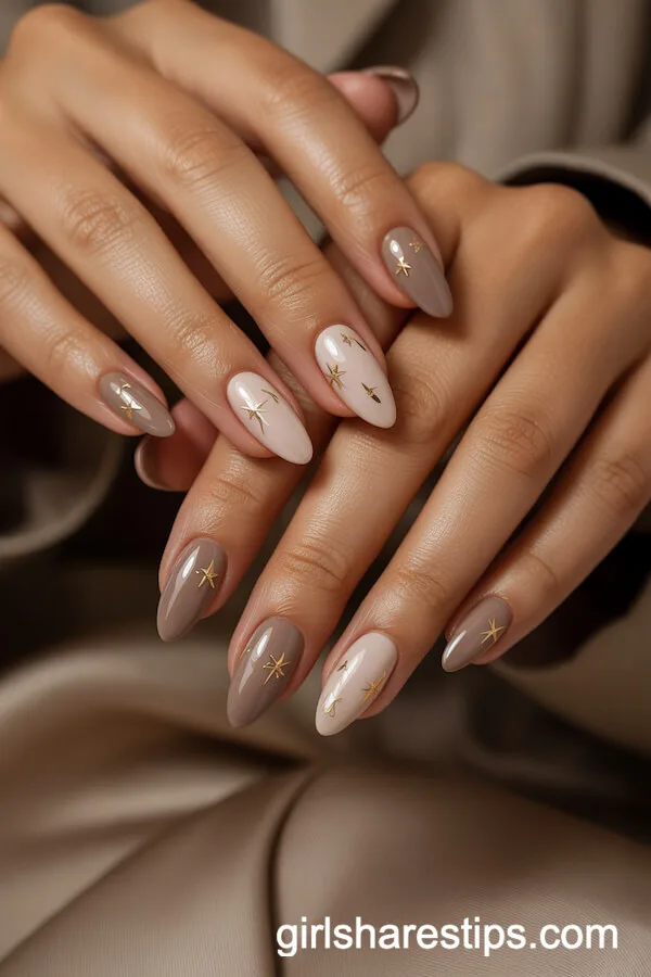 Almond Beige and Taupe Nails with Tiny Gold Star Accents