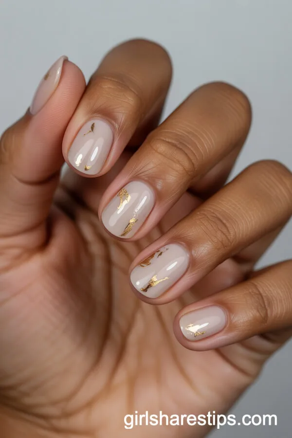 Milky Nude Short Nails with Subtle Gold Foil Flakes