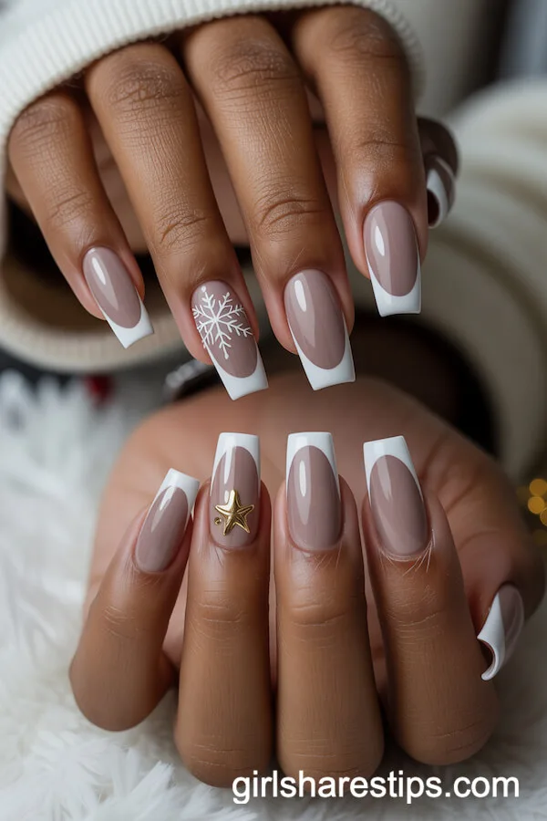 Taupe Coffin Nails with White French Tips and Festive Accents